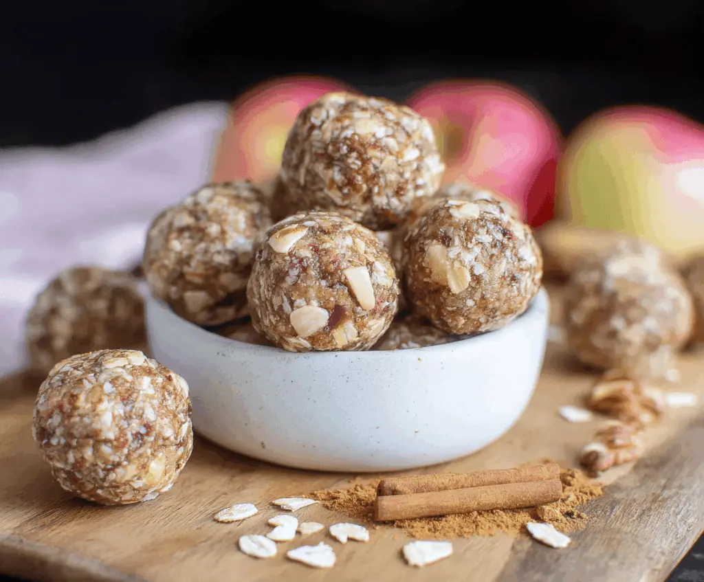 Healthy Apple Pie Energy Balls with cinnamon and oats, perfect for a nutritious snack or dessert.