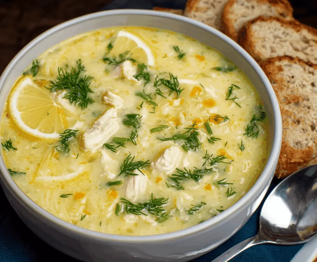 Creamy Greek Avgolemono Soup with lemon, chicken, and rice in a bowl, garnished with fresh herbs