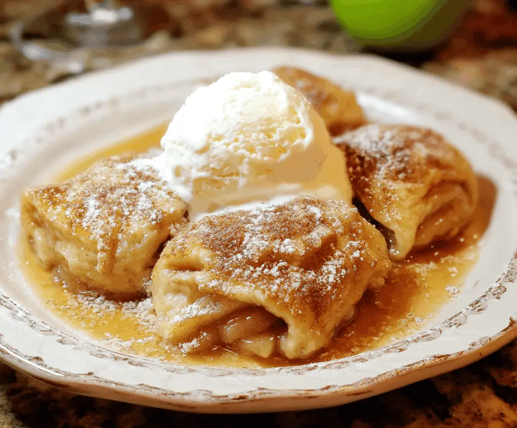 Golden baked apple dumplings topped with cinnamon sugar and a drizzle of caramel sauce, served on a white plate