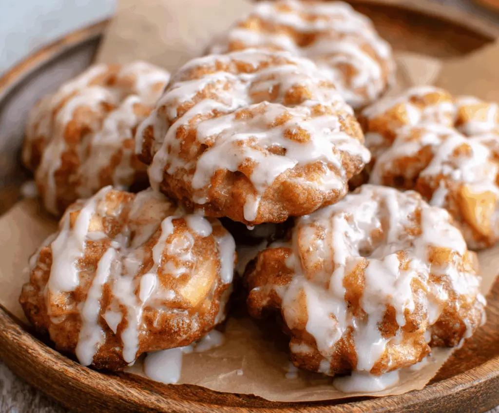 Delicious baked apple fritters drizzled with sweet glaze, ready to serve, perfect for a tasty dessert or breakfast treat