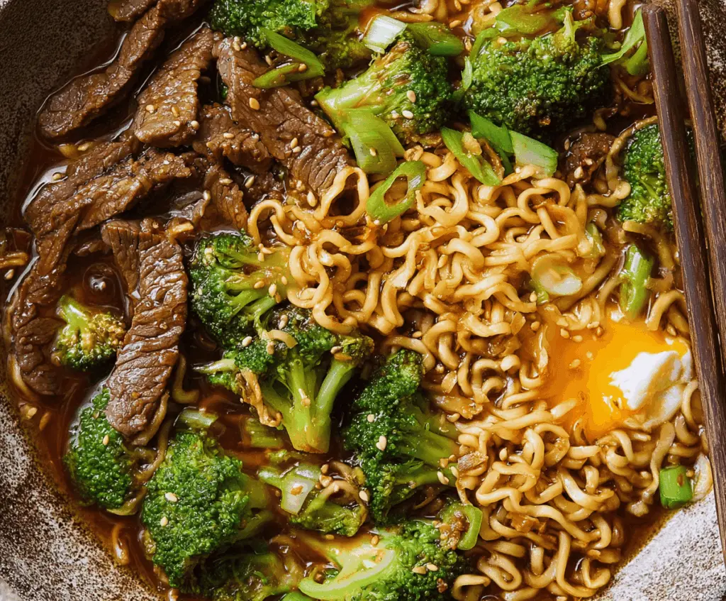 A delicious beef and broccoli ramen bowl featuring tender beef slices, steamed broccoli florets, and rich broth topped with green onions and sesame seeds.