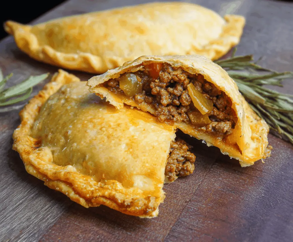 Delicious homemade beef and cheese empanadas with golden crispy crust and savory filling on a rustic plate