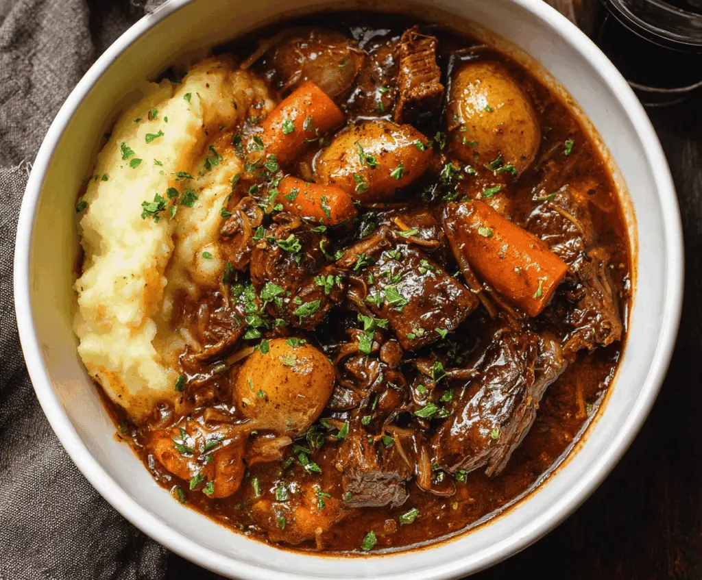 Hearty beef and Guinness stew with tender beef chunks, vegetables, and rich gravy in a rustic bowl