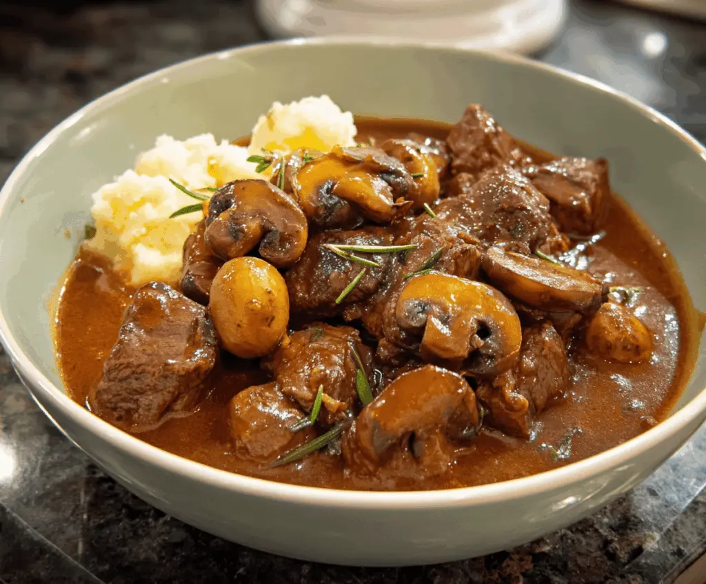 Hearty beef and mushroom stew served in a rustic bowl, garnished with fresh herbs, perfect for a comforting meal.