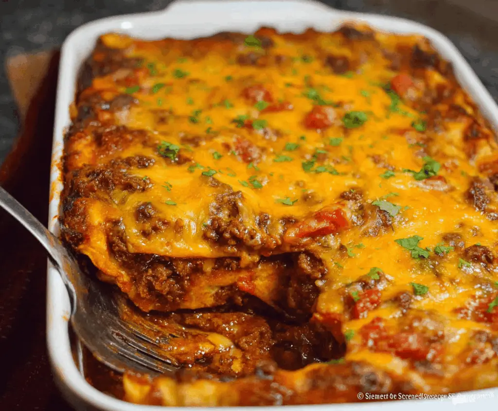 Delicious Beef Enchilada Casserole topped with melted cheese and fresh cilantro, ready to serve
