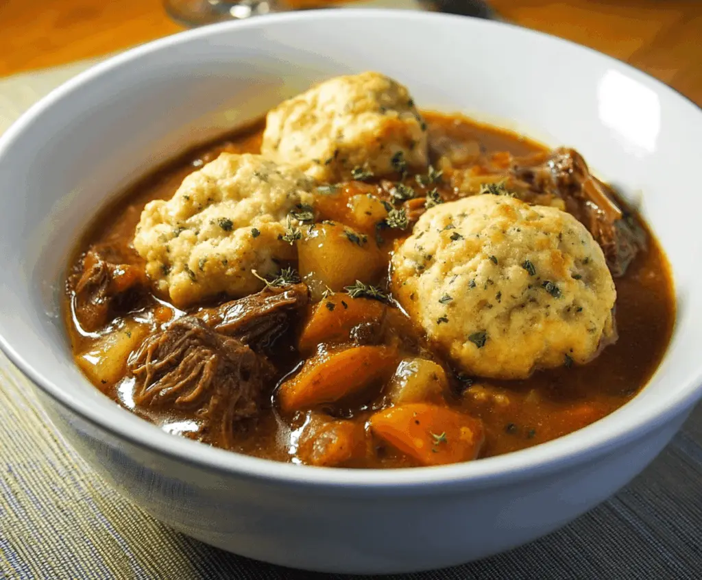 Hearty beef stew topped with golden cheddar herb dumplings in a rustic bowl, perfect for cozy comfort meals.