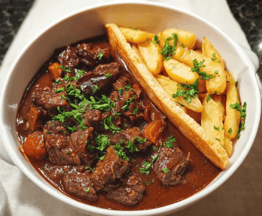 Hearty Belgian Beef Stew with tender beef chunks, root vegetables, and savory gravy served in a rustic bowl.