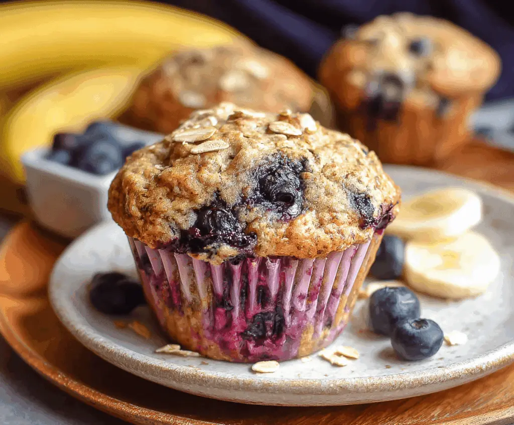 Fresh blueberry banana breakfast muffins in a baking tin, showcasing golden tops and vibrant blueberries for a healthy morning treat.