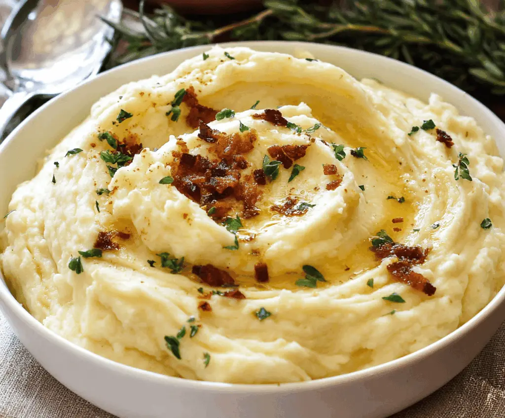 Creamy brown butter mashed potatoes topped with fresh herbs, perfect for a Thanksgiving dinner side dish