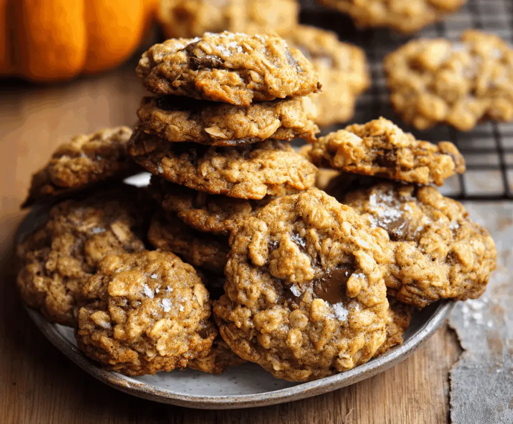 Golden brown pumpkin oatmeal cookies with a crisp edge and chewy center, featuring a rich brown butter glaze topped with pumpkin seeds, perfect for fall-inspired baking.
