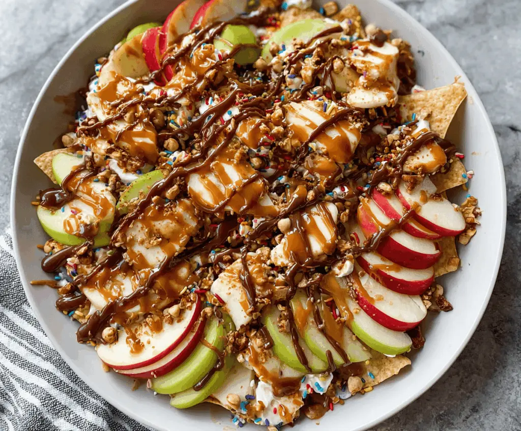 Delicious caramel apple nachos topped with melted caramel, chopped nuts, and drizzled chocolate on sliced fresh apples