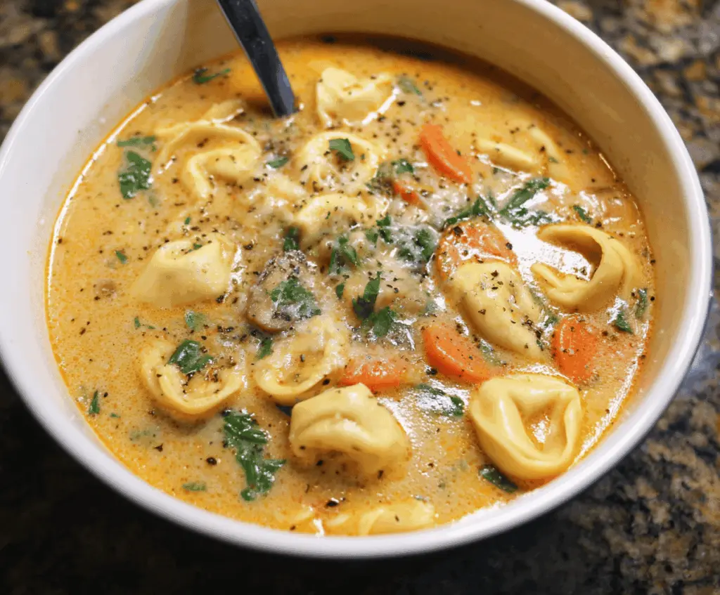 Creamy cheese tortellini soup with fresh herbs and vegetables in a bowl, perfect for a comforting and hearty meal.