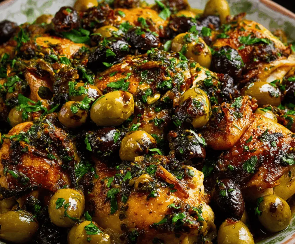 Delicious Chicken Marbella served with roasted vegetables and fresh herbs, featuring tender chicken pieces glazed with herbs and olives.