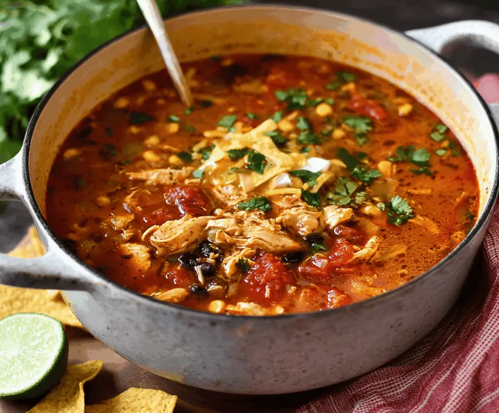 Hearty chicken taco soup in a bowl topped with shredded cheese, fresh cilantro, and lime wedges, perfect for a flavorful and comforting meal