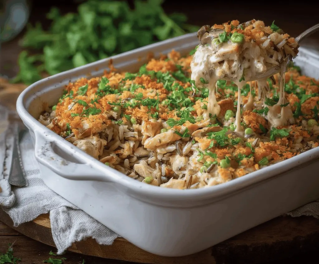 Delicious Chicken Wild Rice Casserole topped with melted cheese and fresh herbs, served in a baking dish.