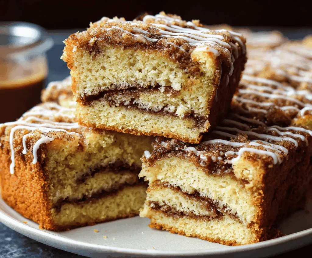 Delicious cinnamon swirl coffee cake with golden brown crumb topping and a moist, flavorful interior ready to enjoy