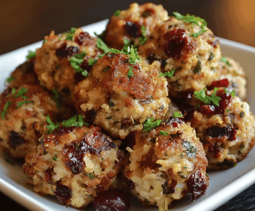 Cranberry Turkey Stuffing Balls on a plate with fresh herbs, perfect for holiday dinner or festive appetizer
