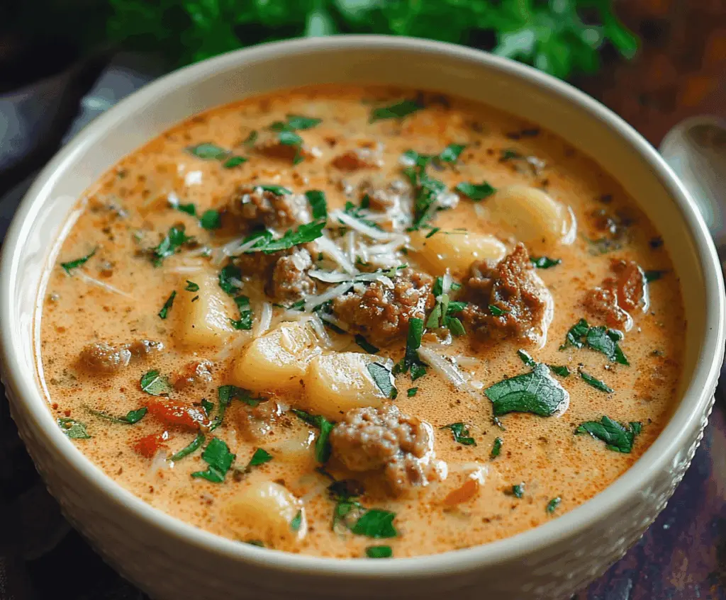 Creamy Italian sausage and potato soup with melted cheese and fresh herbs in a bowl, perfect for a hearty meal