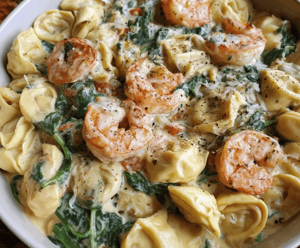 Creamy shrimp and spinach tortellini dish with fresh herbs served in a white bowl