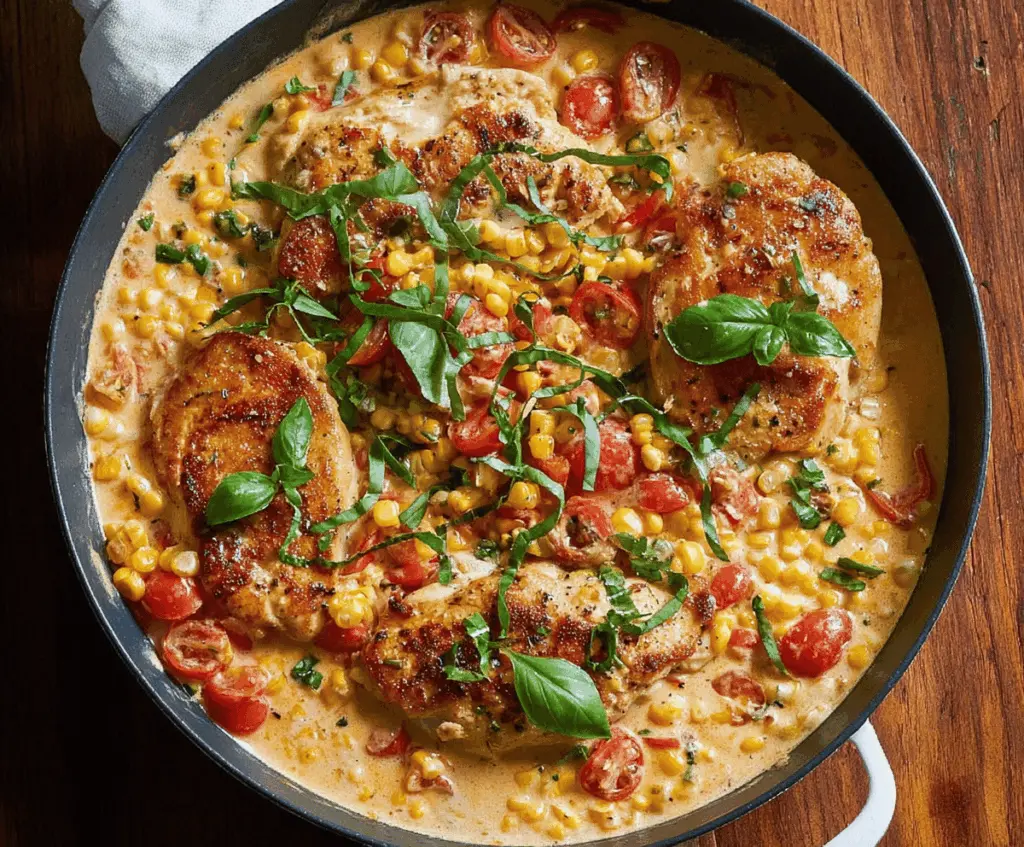 Creamy skillet chicken topped with fresh corn, ripe tomatoes, and basil leaves, served in a skillet for a flavorful meal