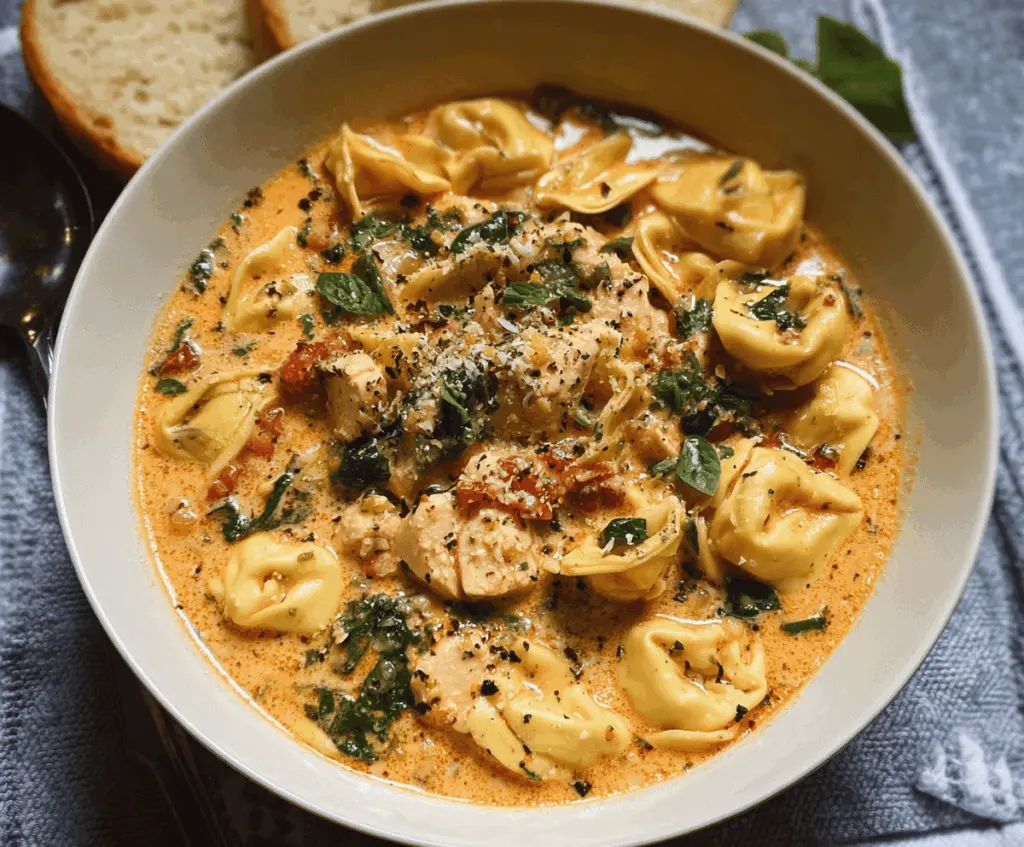 Creamy Tuscan Chicken Tortellini Soup in a bowl with fresh herbs, featuring tender chicken, cheese tortellini, spinach, and a rich, flavorful broth
