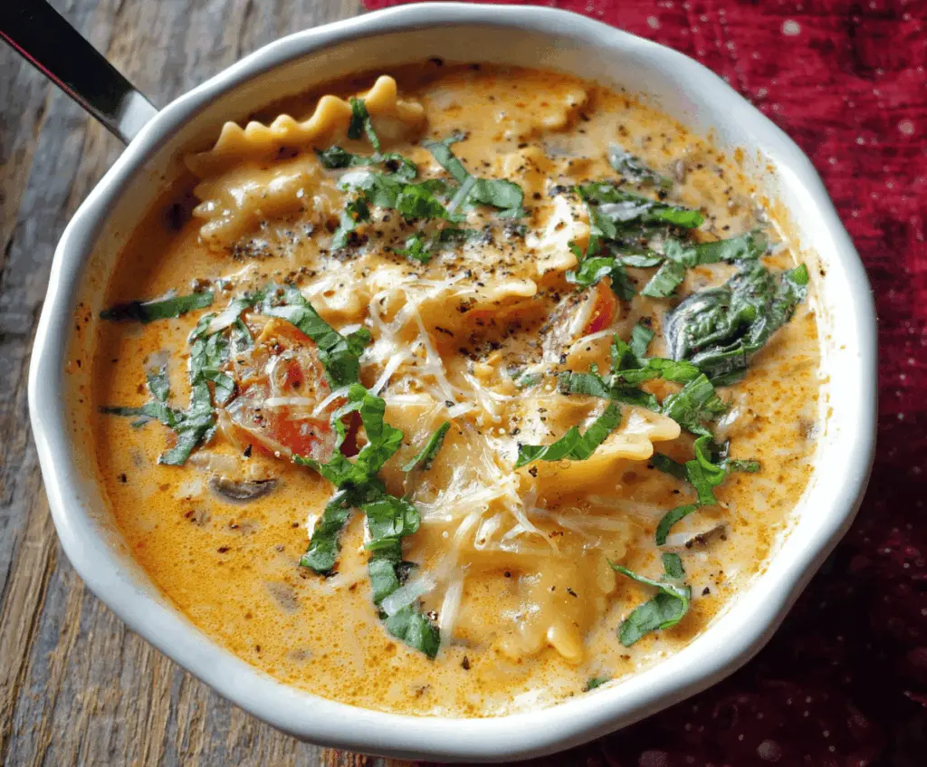 Creamy vegetarian lasagna soup topped with fresh basil and melted cheese in a bowl, featuring layers of vegetables, creamy broth, and lasagna noodles for a hearty, meat-free meal.