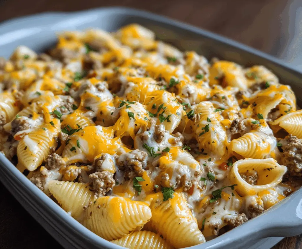 Creamy crockpot cheesy ranch beef pasta shells served in a bowl, featuring tender pasta, seasoned ground beef, melted cheese, and fresh herbs, perfect for a comforting dinner.