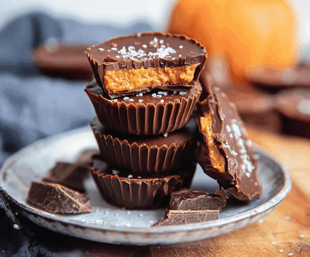 Delicious dairy-free chocolate pumpkin butter cups on a white plate with a rustic wooden background, perfect for fall treats