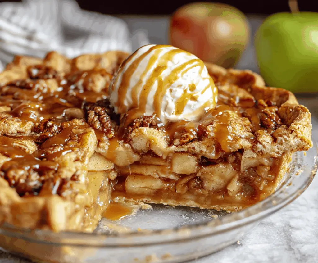 Delicious Dutch Caramel Apple Pie topped with golden caramel glaze and flaky crust, ready to serve
