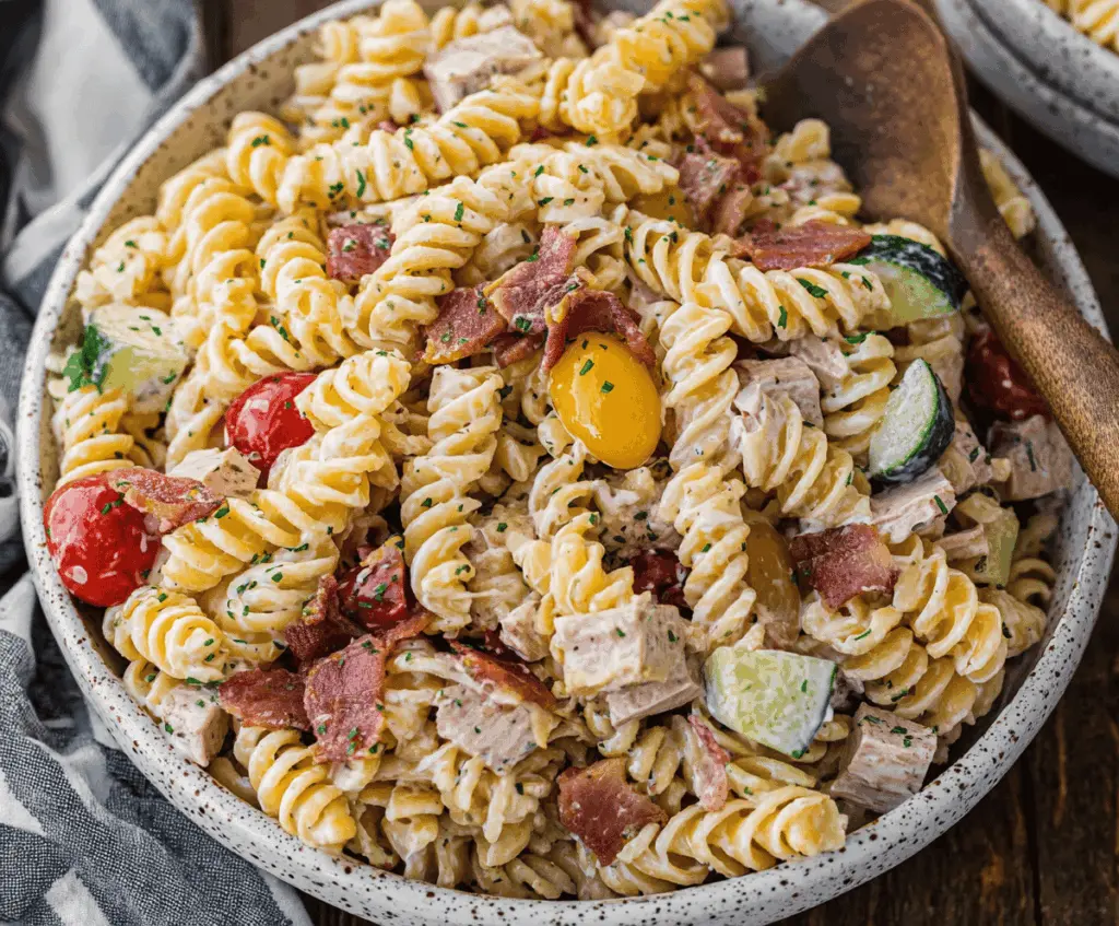 Creamy bacon ranch pasta salad with crispy bacon and fresh vegetables, perfect for potlucks and gatherings