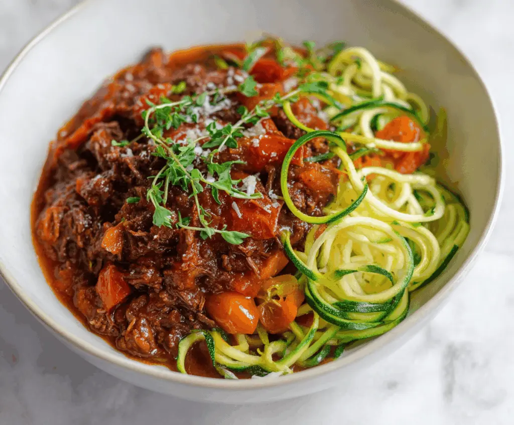 Delicious easy beef ragu served over colorful spiralized vegetables, perfect for a healthy and hearty meal.