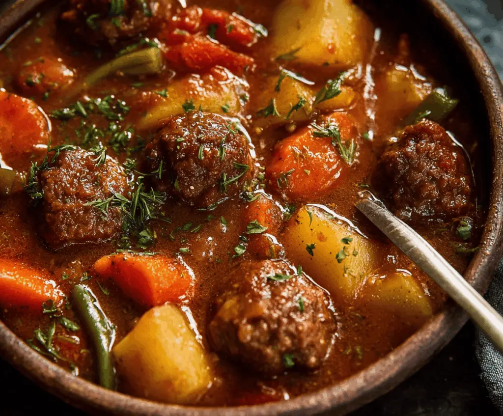 A steaming bowl of hearty meatball stew with vegetables, perfect for a cozy meal on a cold day.