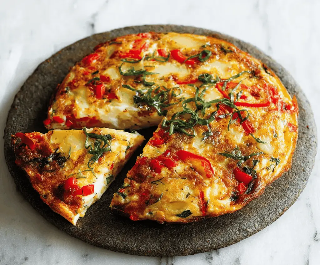 Delicious Easy Potato and Pepper Frittata with golden-brown crust and colorful vegetable toppings on a plate.