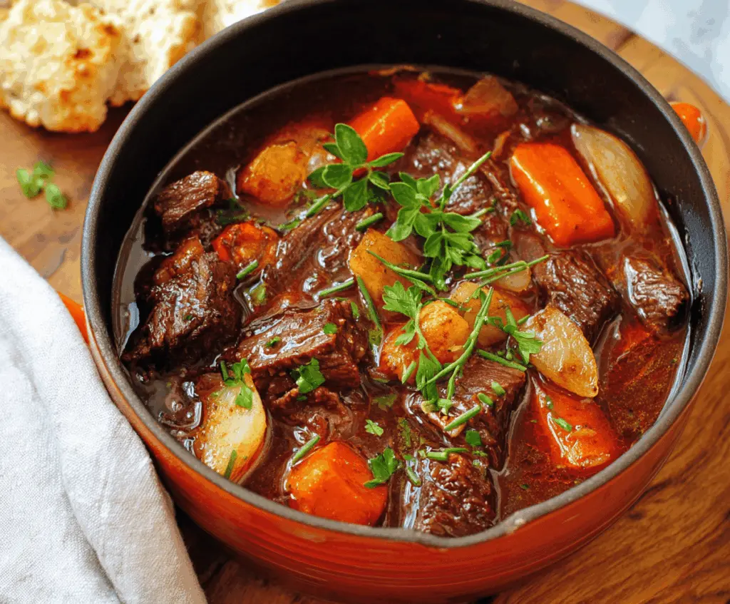 Hearty French Beef Stew with tender beef chunks, carrots, potatoes, and aromatic herbs in a savory broth served in a rustic bowl