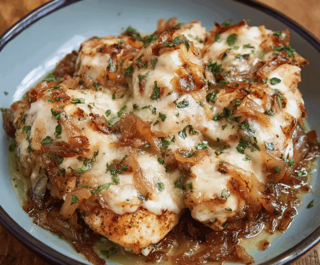 Creamy French Onion Chicken topped with melted cheese and caramelized onions, served on a plate for a flavorful and comforting meal.