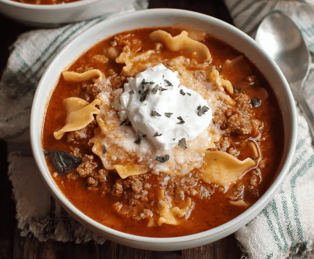 A steaming bowl of gluten-free lasagna soup topped with melted cheese, fresh basil, and rich tomato broth, served in a white bowl with a rustic wooden spoon.
