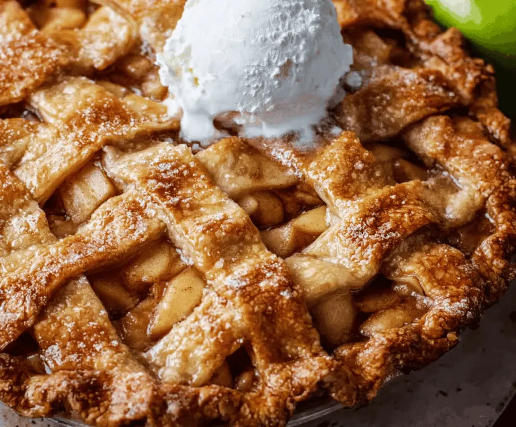 Delicious homemade Granny Smith apple pie topped with a golden crust, featuring sliced tart green apples and a cinnamon-spiced filling, perfect for dessert or family gatherings.