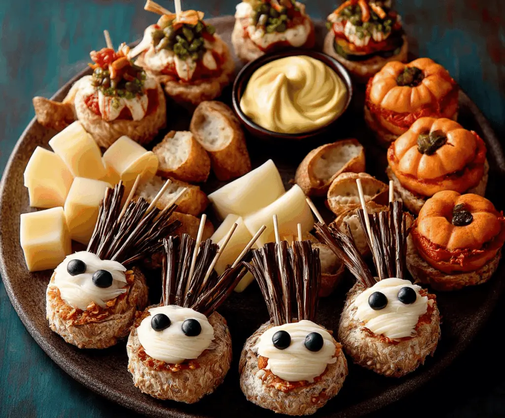 Colorful Halloween appetizer ideas with spooky, creative presentation for a festive party spread