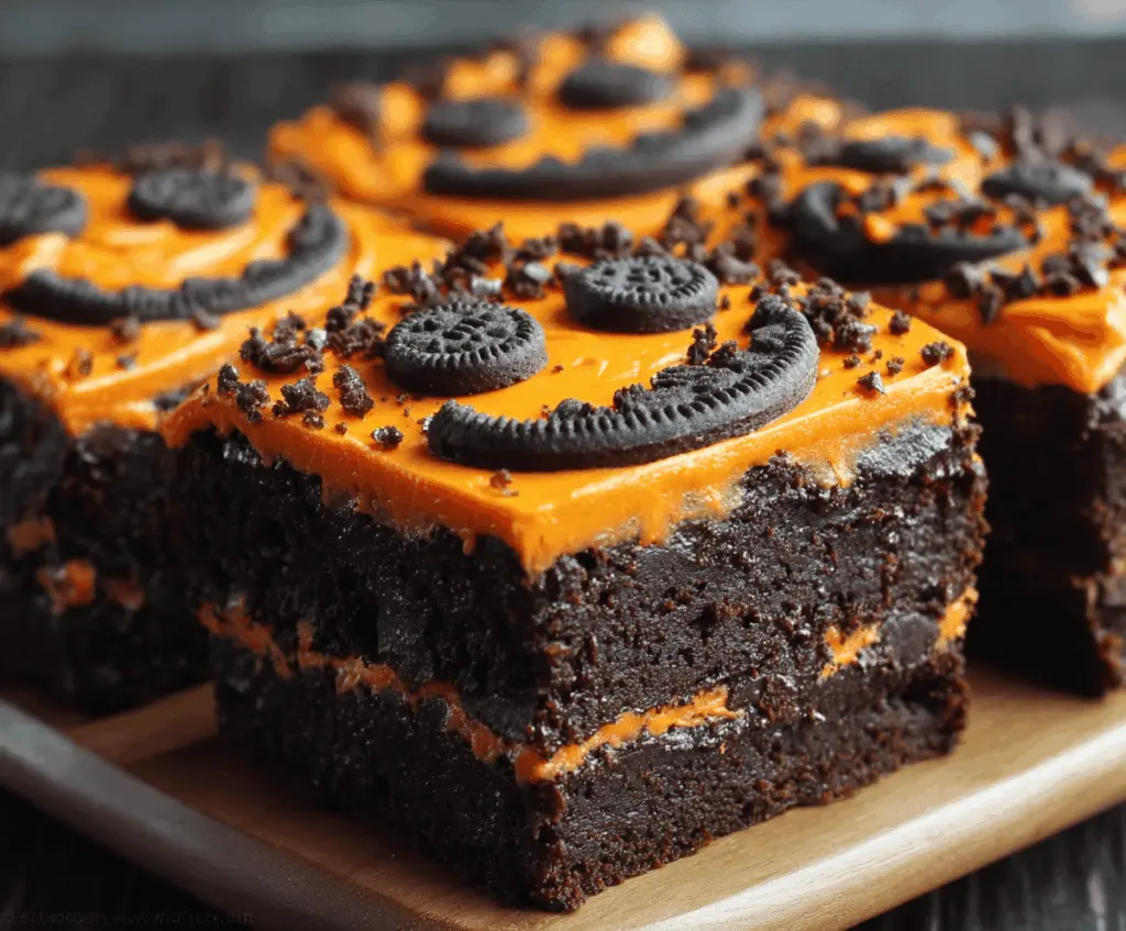 Delicious Halloween-themed brownies decorated with spooky icing and colorful candies for a festive treat