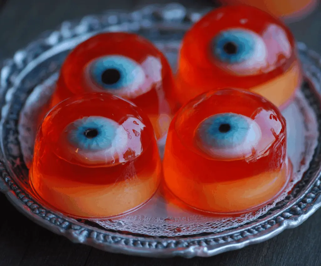 Colorful Halloween Eyeball Jello Shots with gummy eyeballs and spooky decorations for a festive party treat