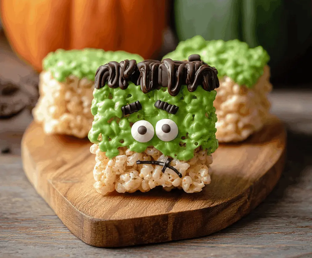 Decorative Halloween Frankenstein Rice Krispie Treats with green frosting, candy eyes, and monster-themed decorations for spooky festive treats