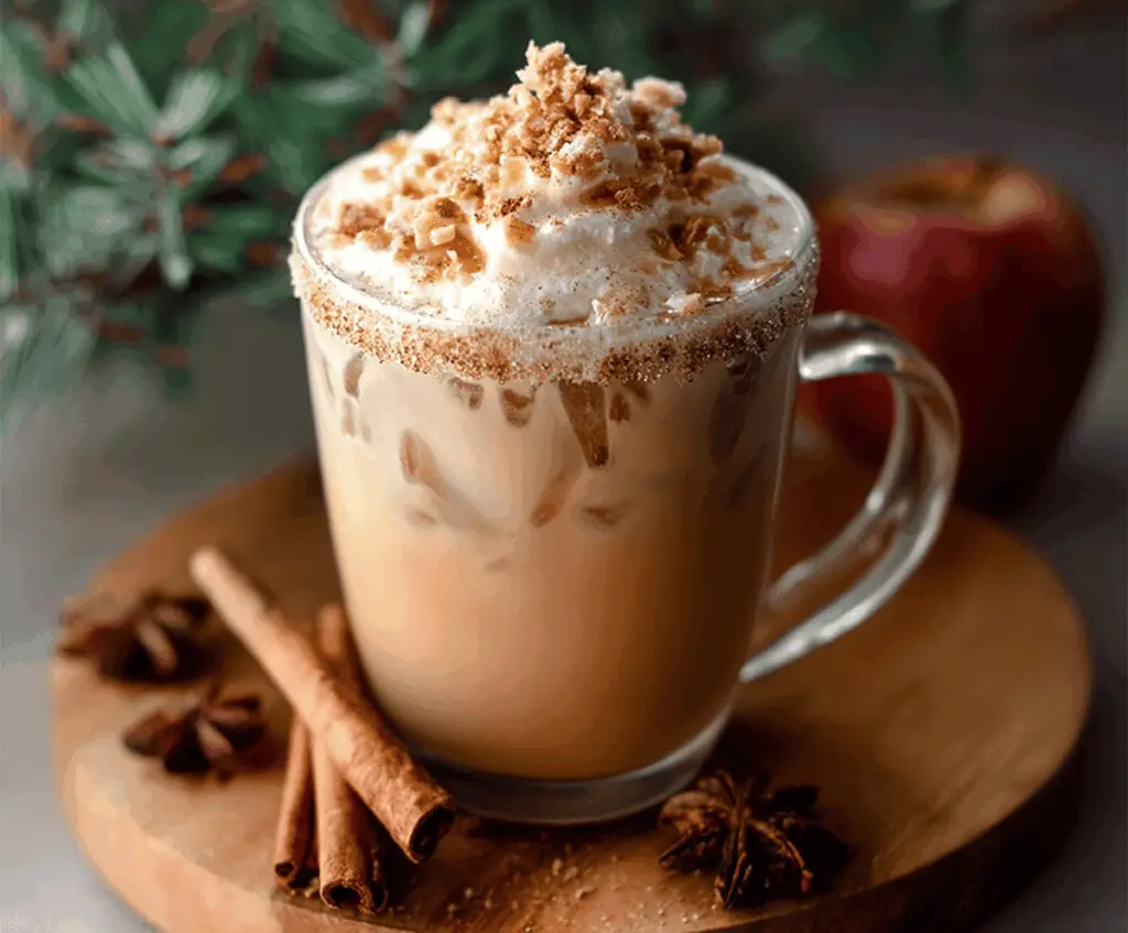 Refreshing Iced Apple Crisp Cream Chai Latte with whipped cream and cinnamon garnish on a glass cup