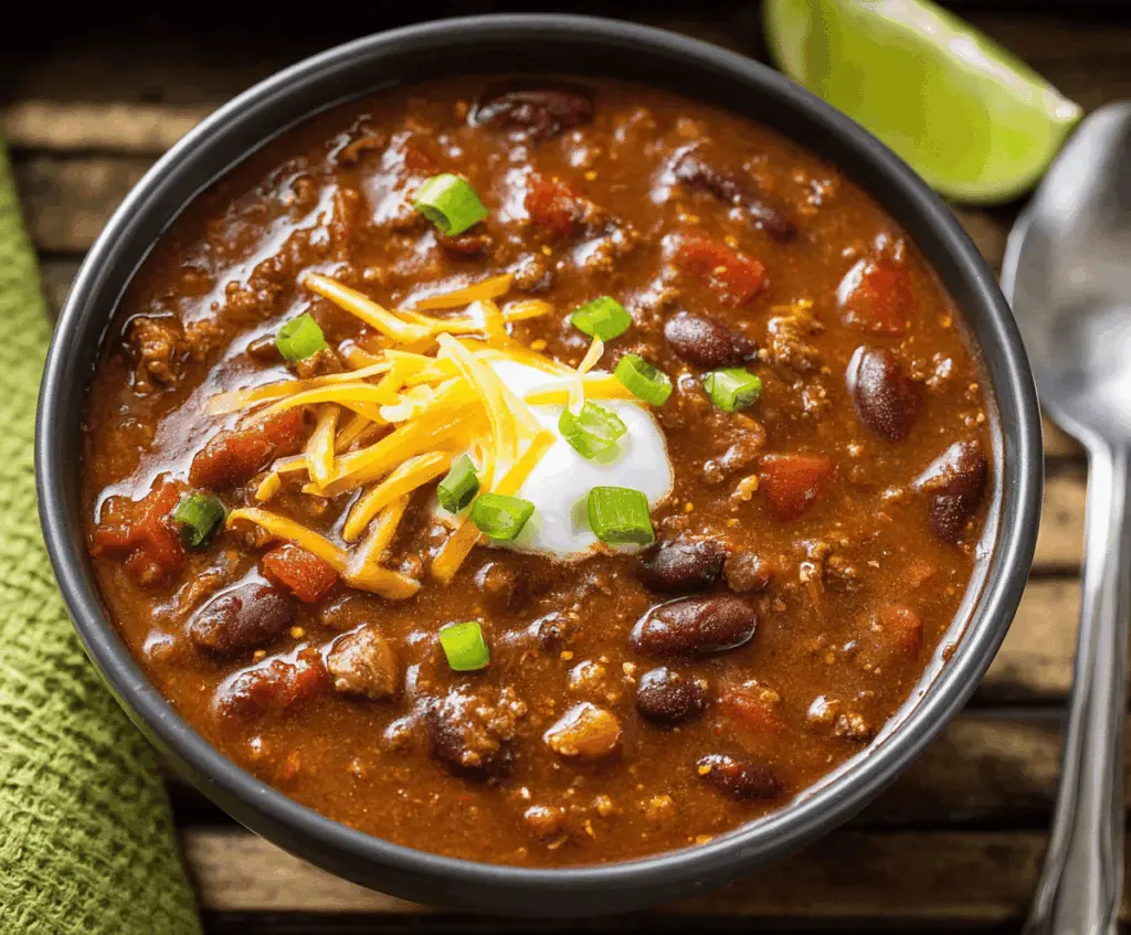 Delicious homemade Instant Pot chili with ground beef, beans, tomatoes, and spices in a serving bowl