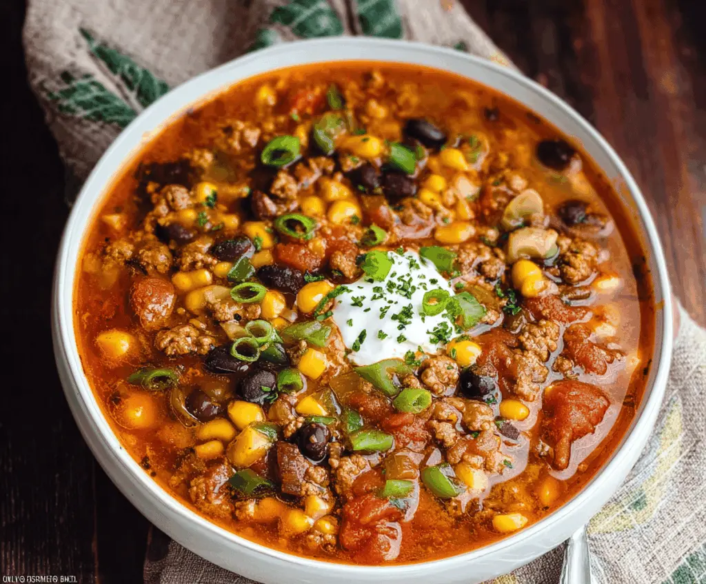 Delicious Instant Pot Loaded Taco Soup with ground beef, beans, corn, and melted cheese in a bowl, ready to serve