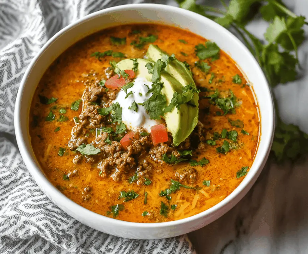 Keto Taco Soup in a bowl garnished with shredded cheese, fresh cilantro, and sliced jalapeños, served with lime wedges for a low-carb, spicy meal