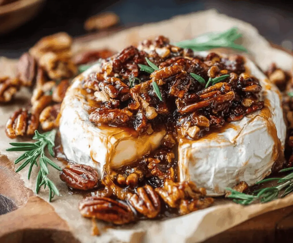 Creamy baked Brie topped with caramelized maple pecans and honey, served with crusty bread for a delicious appetizer