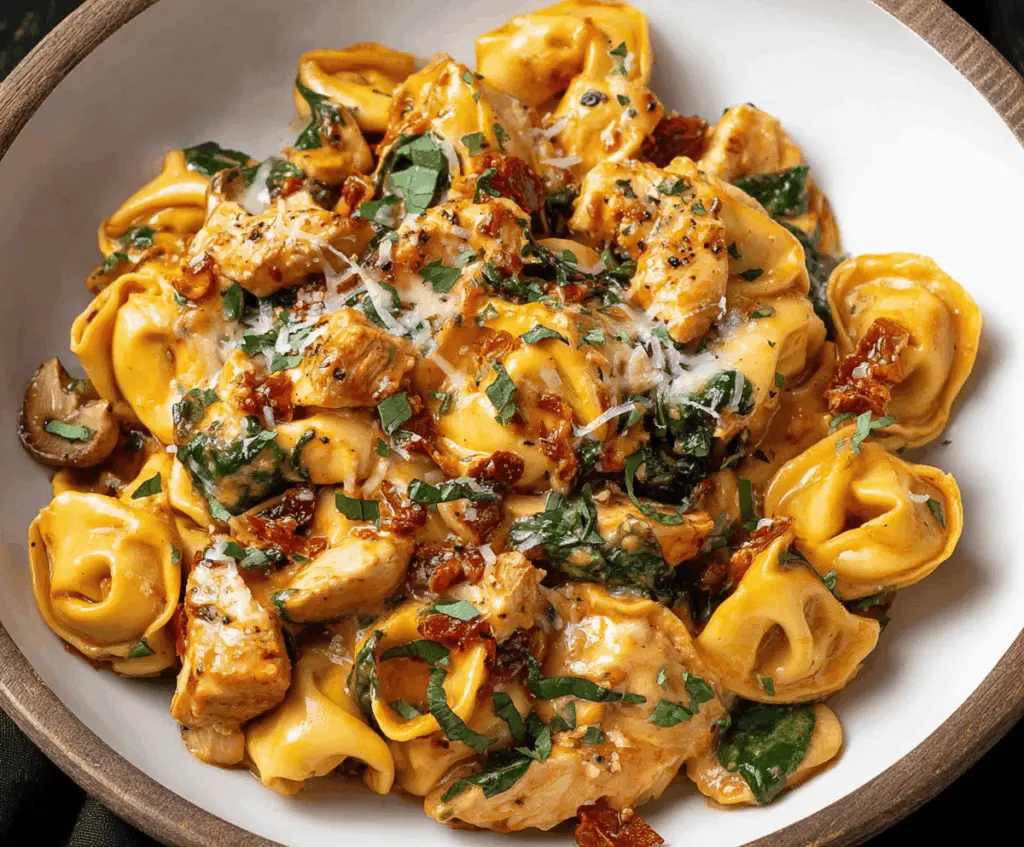 Creamy Marry Me Chicken Tortellini served with fresh herbs and grated cheese, perfect for a romantic dinner.