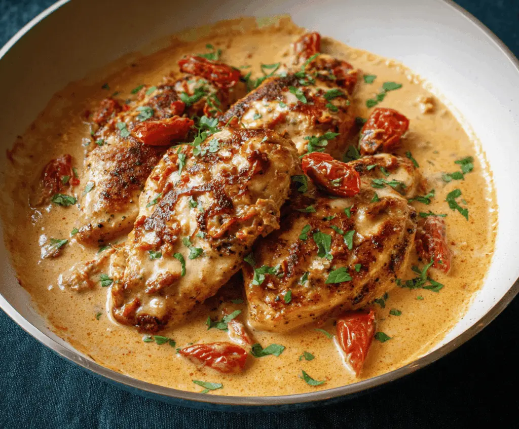 Creamy Marry Me Chicken topped with sun-dried tomato sauce on a white plate, served with fresh herbs