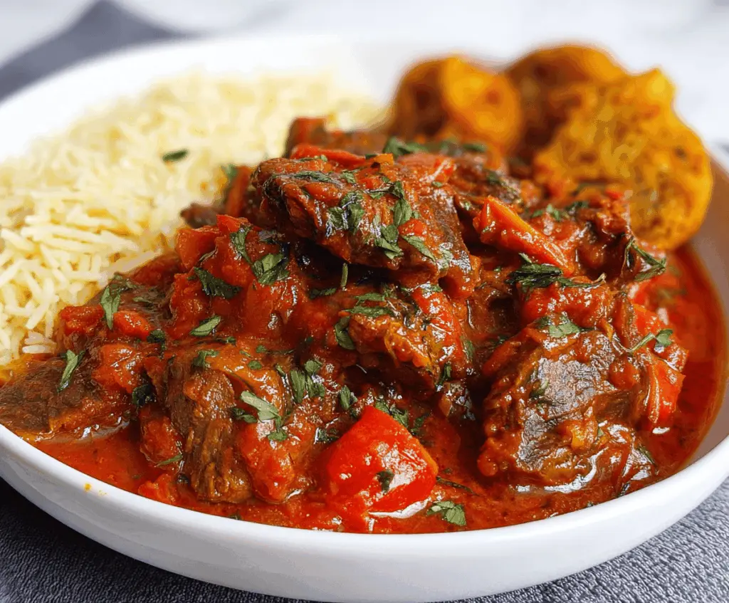 Savory Nigerian Beef Stew with tender beef chunks, rich tomato sauce, and colorful vegetables served in a traditional bowl