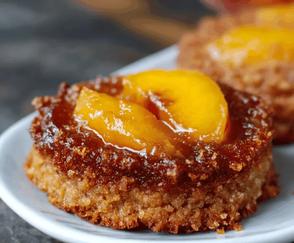 Delicious Peach Upside-Down Cookies topped with caramelized peach slices and golden cookie base, perfect for a fruity dessert treat.